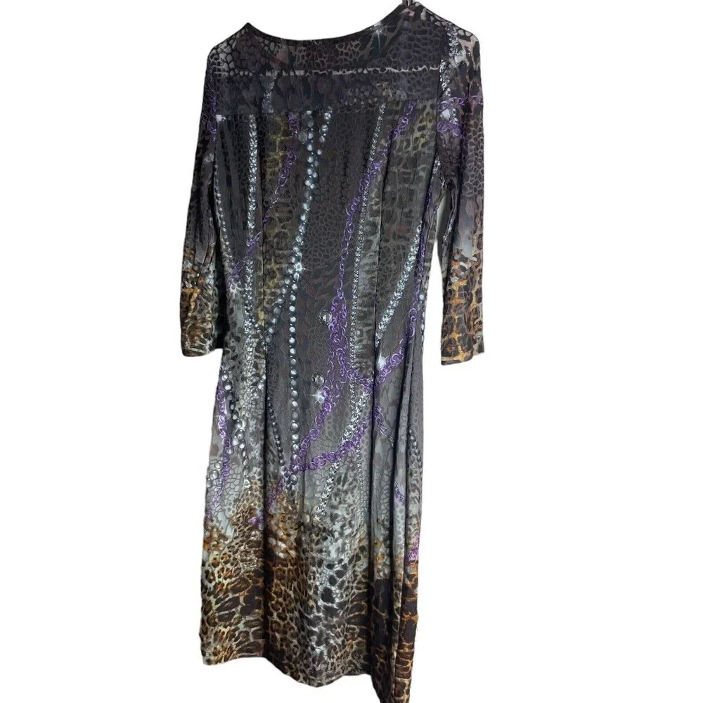 Joseph Ribkoff Animal Print Midi Dress Women’s 4 Blue Cap Sleeve Metallic Sequin - Picture 2 of 6